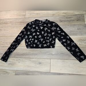 Carmin Black Velvet Butterfly Print Long Sleeve  Crop Women's Top Size Medium